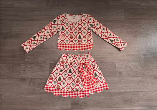 GLD1676 Sample No Moq yofa fabric Baby Girls Gingerbread Bows Top Bows Skirt Short Christmas Yoga Active Scallop Clothes Set