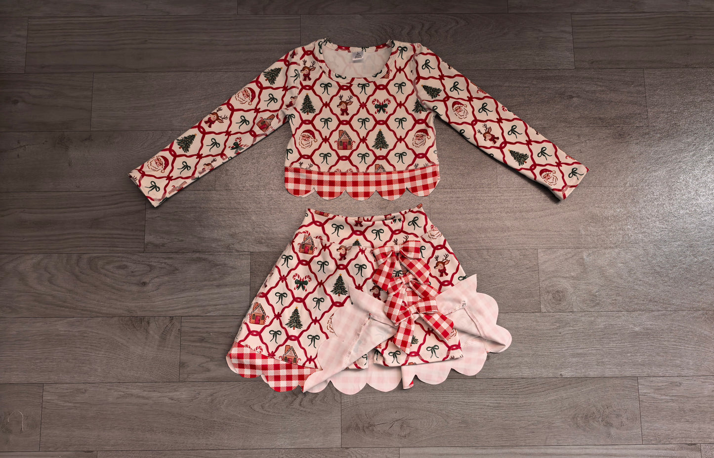 GLD1676 Sample No Moq yofa fabric Baby Girls Gingerbread Bows Top Bows Skirt Short Christmas Yoga Active Scallop Clothes Set