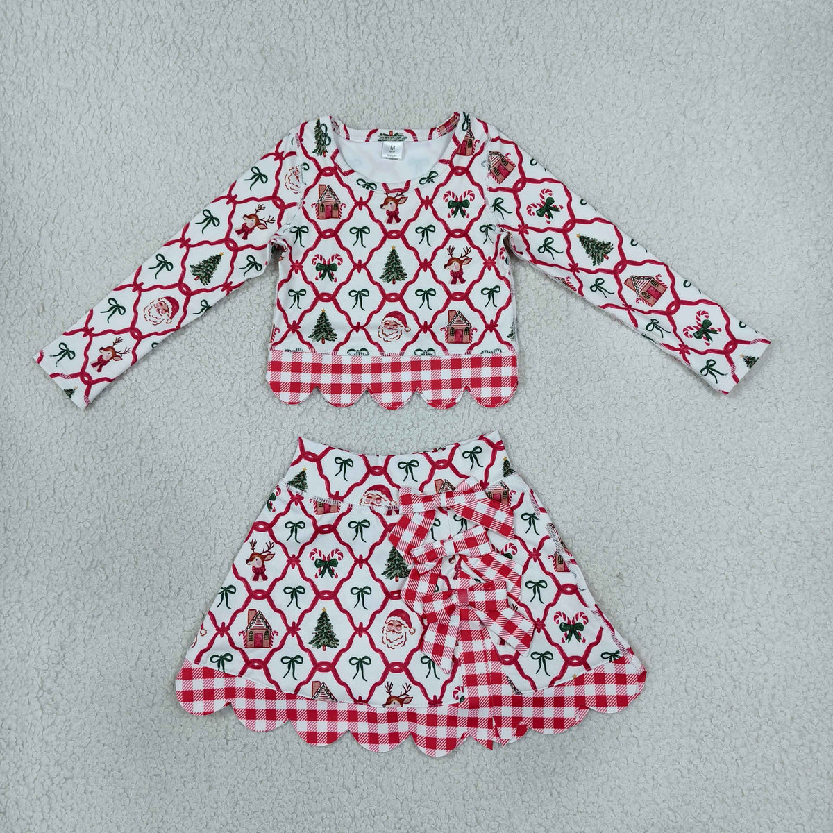 RTS NO MOQ （In stock）yoga fabric GLD1676 Baby Girls Gingerbread Bows Top Bows Skirt Short Christmas Yoga Active Scallop Clothes Set