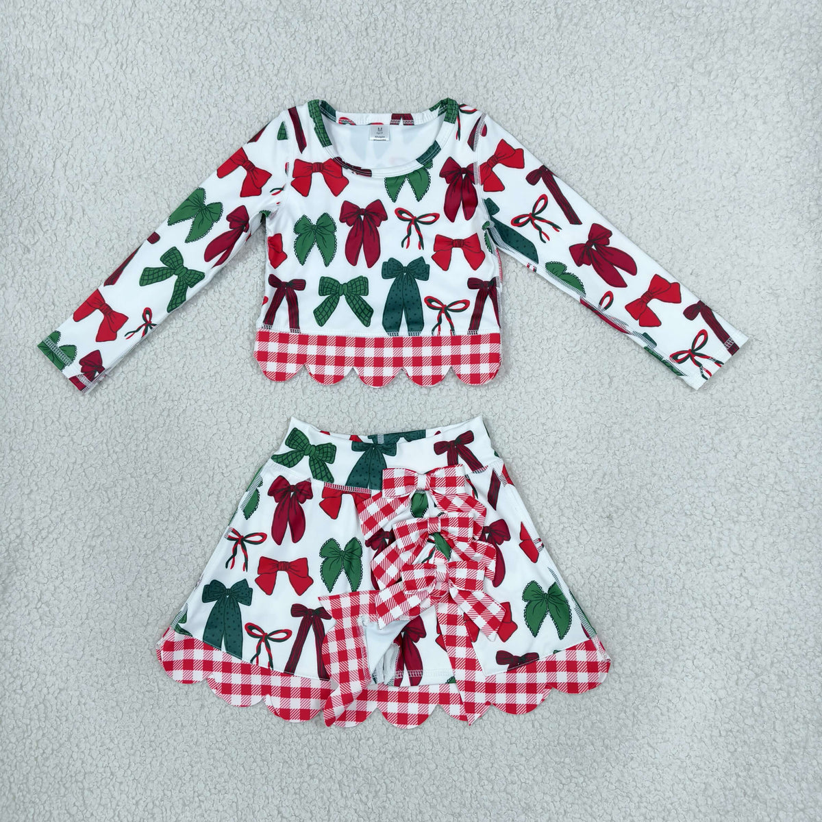 RTS NO MOQ （In stock）yoga fabric GLD1677 Baby Girls Green Red Bows Top Bows Skort Short Christmas Yoga Active Scallop Clothes Set Cute Holiday Outfit