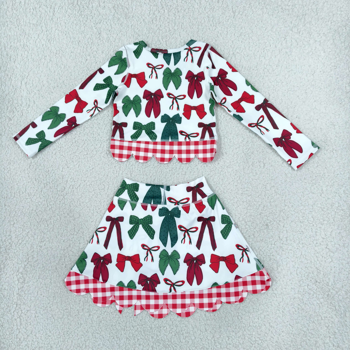 RTS NO MOQ （In stock）yoga fabric GLD1677 Baby Girls Green Red Bows Top Bows Skort Short Christmas Yoga Active Scallop Clothes Set Cute Holiday Outfit