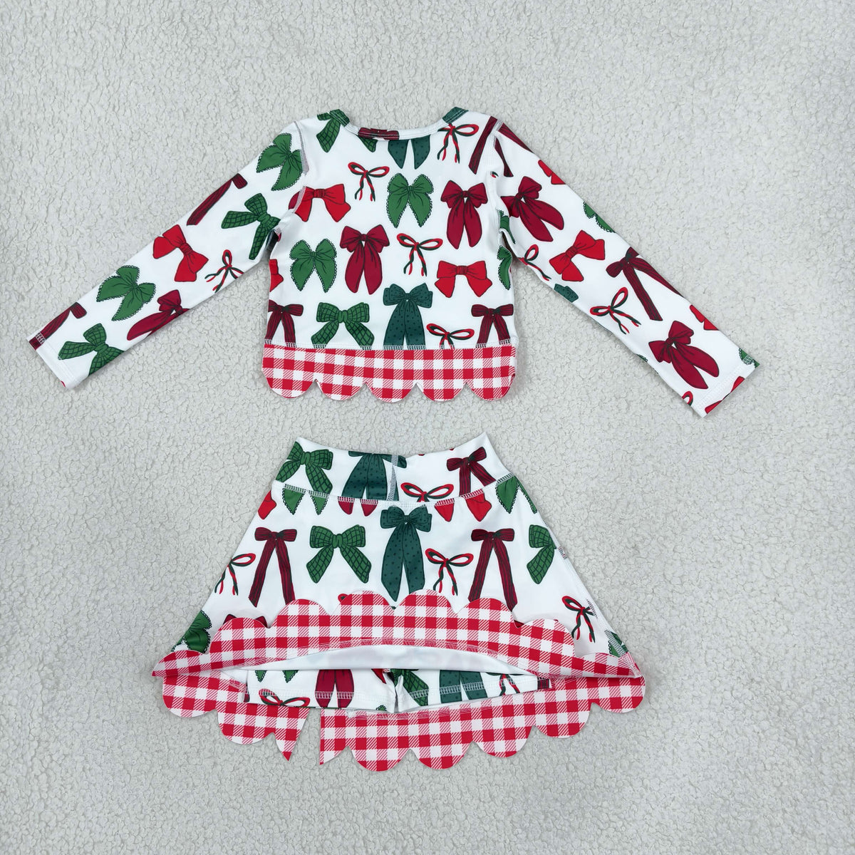 RTS NO MOQ （In stock）yoga fabric GLD1677 Baby Girls Green Red Bows Top Bows Skort Short Christmas Yoga Active Scallop Clothes Set Cute Holiday Outfit