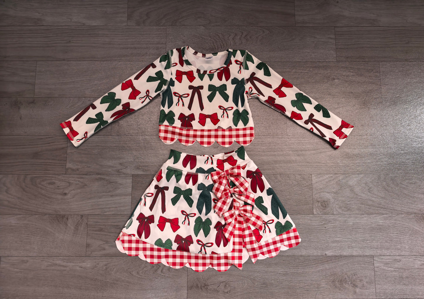 GLD1677 Sample No Moq yofa fabric Baby Girls Green Red Bows Top Bows Skirt Short Christmas Yoga Active Scallop Clothes Set
