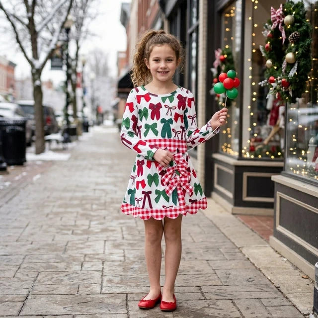 RTS NO MOQ （In stock）yoga fabric GLD1677 Baby Girls Green Red Bows Top Bows Skort Short Christmas Yoga Active Scallop Clothes Set Cute Holiday Outfit