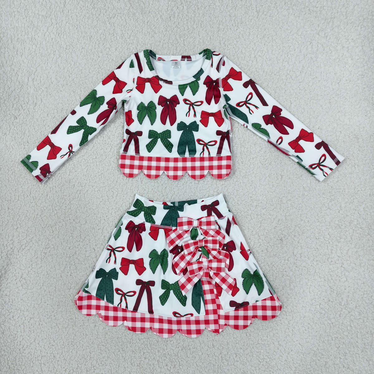 RTS NO MOQ （In stock）yoga fabric GLD1677 Baby Girls Green Red Bows Top Bows Skort Short Christmas Yoga Active Scallop Clothes Set Cute Holiday Outfit