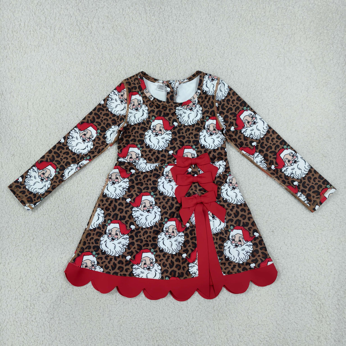 RTS NO MOQ Sibling yoga fabric Baby Girls Yoga Christmas Long Sleeve Scallop Dress With Back Bow