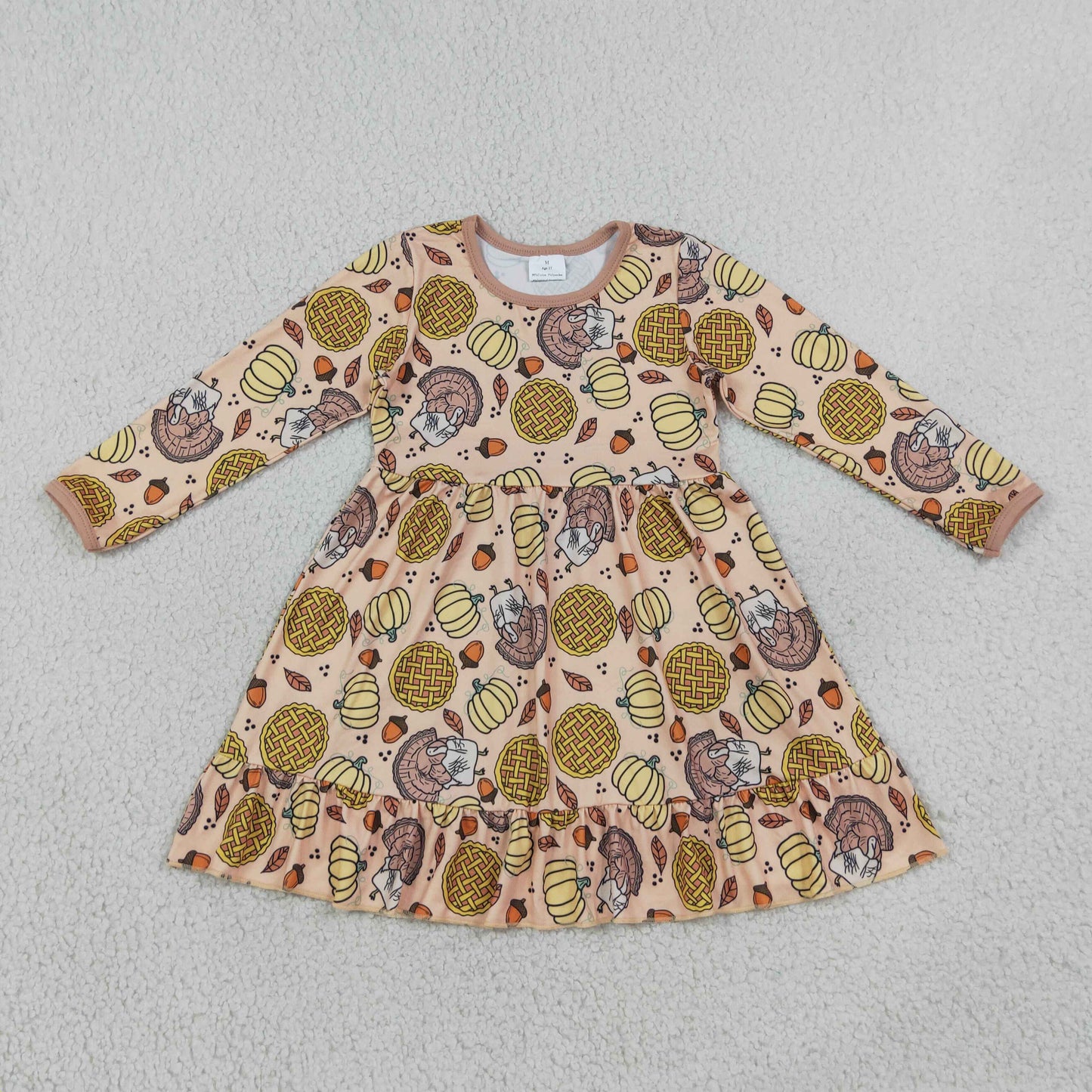 RTS NO MOQ （In stock）milk silk GLD1691 Baby Girls Pumpkins Turkey Thanksgivings Ruffle Knee Length Dress