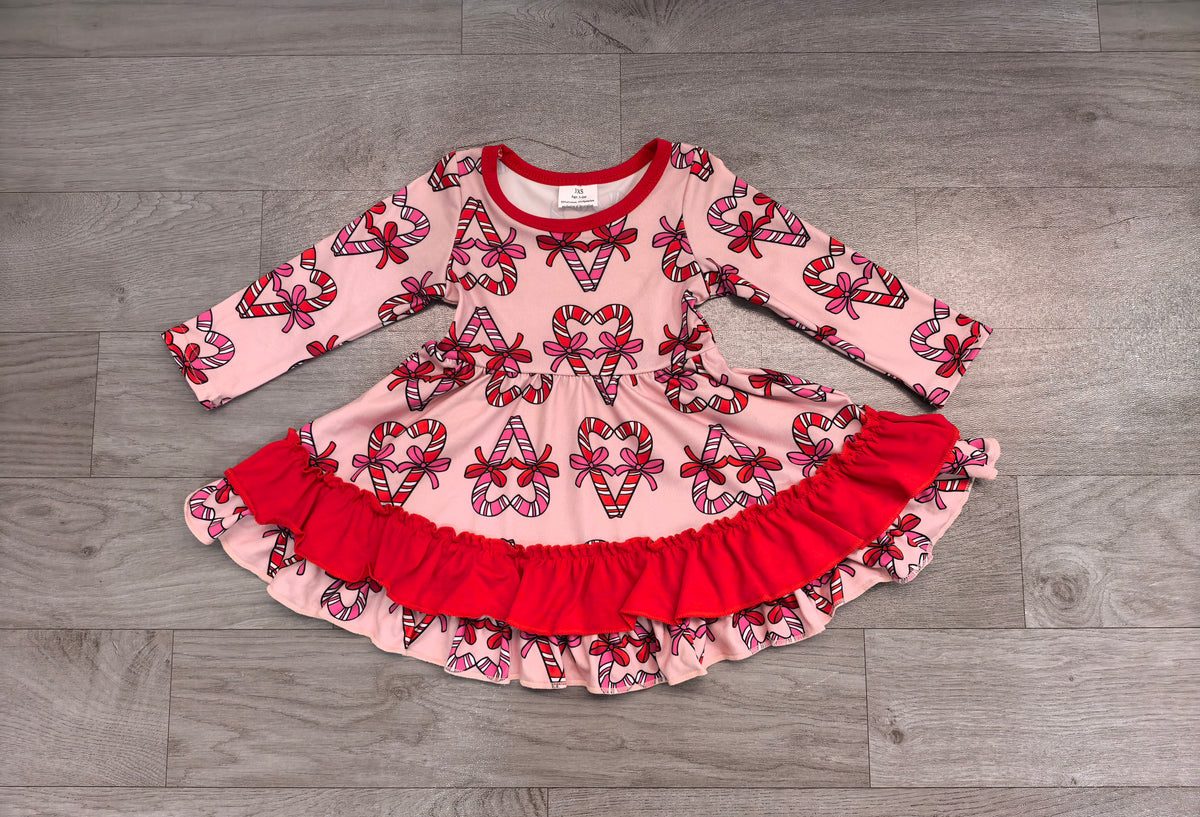 GLD1695 Sample No Moq milk silk Baby Girls Bows Candy Cane Christmas Ruffle Knee Length Dress