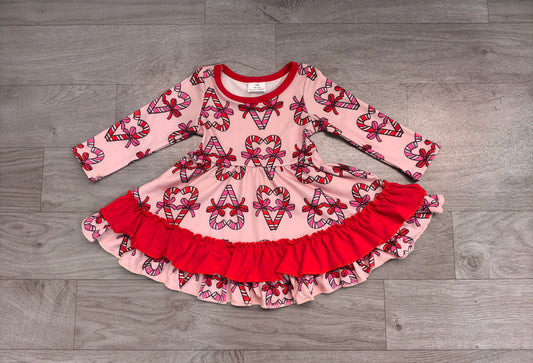 GLD1695 Sample No Moq milk silk Baby Girls Bows Candy Cane Christmas Ruffle Knee Length Dress