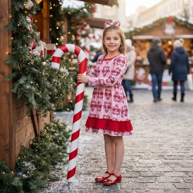 RTS NO MOQ （In stock）GLD1695 milk silk Baby Girls Bows Candy Cane Christmas Ruffle Knee Length Dress