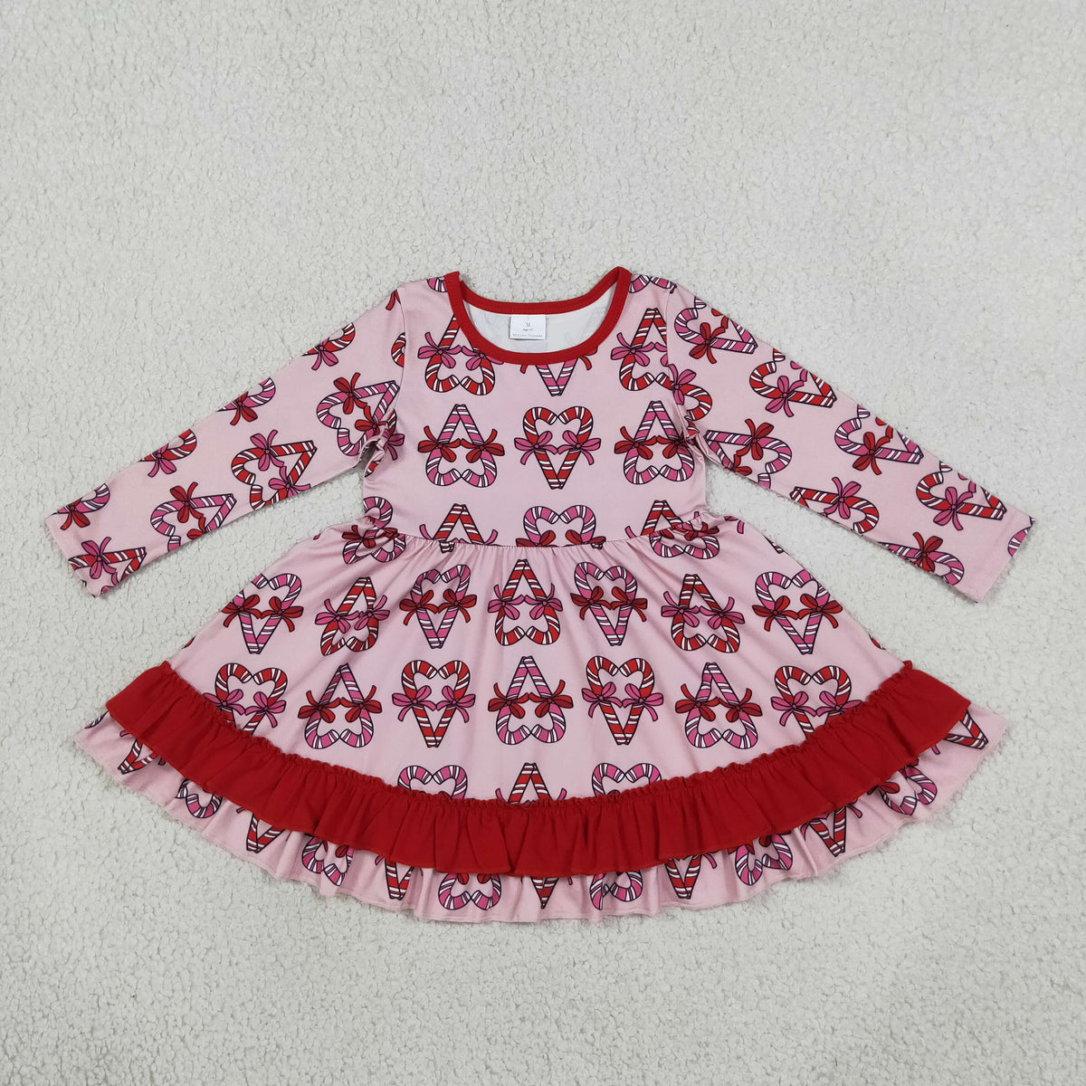 RTS NO MOQ （In stock）GLD1695 milk silk Baby Girls Bows Candy Cane Christmas Ruffle Knee Length Dress
