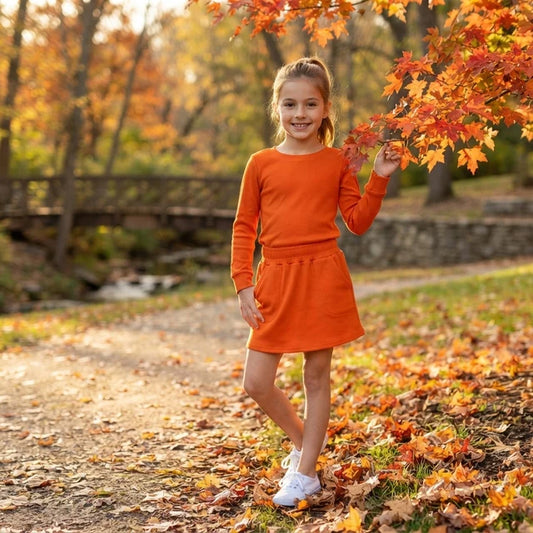 RTS NO MOQ （In stock）GLD1696 cotton Baby Girls Caramel Long Sleeve Top Pockets Skirt Short 2Pcs Clothes Sets