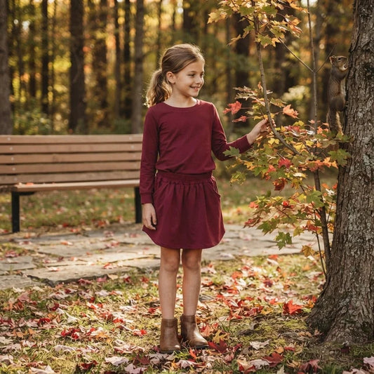 RTS NO MOQ （In stock）GLD1697 cotton Baby Girls Plum Long Sleeve Top Pockets Skirt Short Clothes Sets