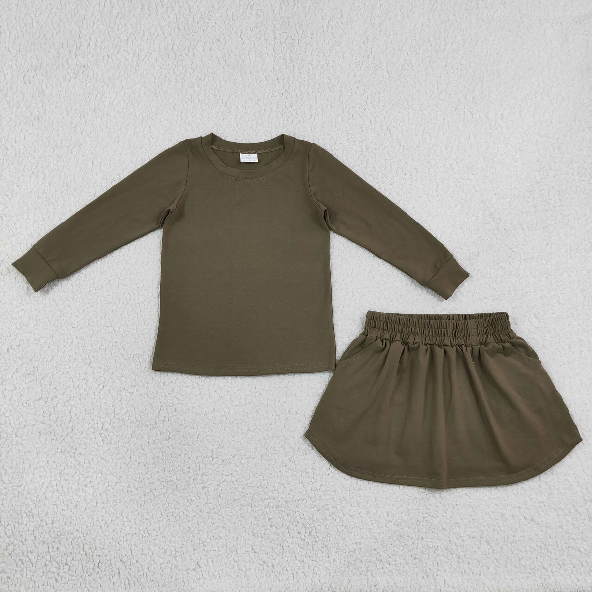 RTS NO MOQ GLD1698 cotton Baby Girls Olive Long Sleeve Top Pockets Skirt Short Clothes Sets