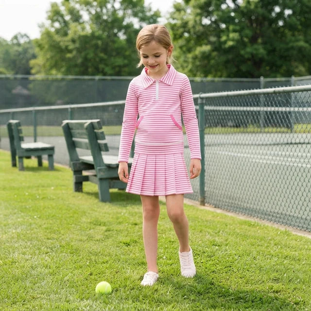 RTS NO MOQ （In stock）yoga fabric GLD1699(GT1783+GLK0335) Yoga Baby Girls Pink White Striped Half Zip Pocket Long Sleeve Top And Skort Yoga Active Clothes Set