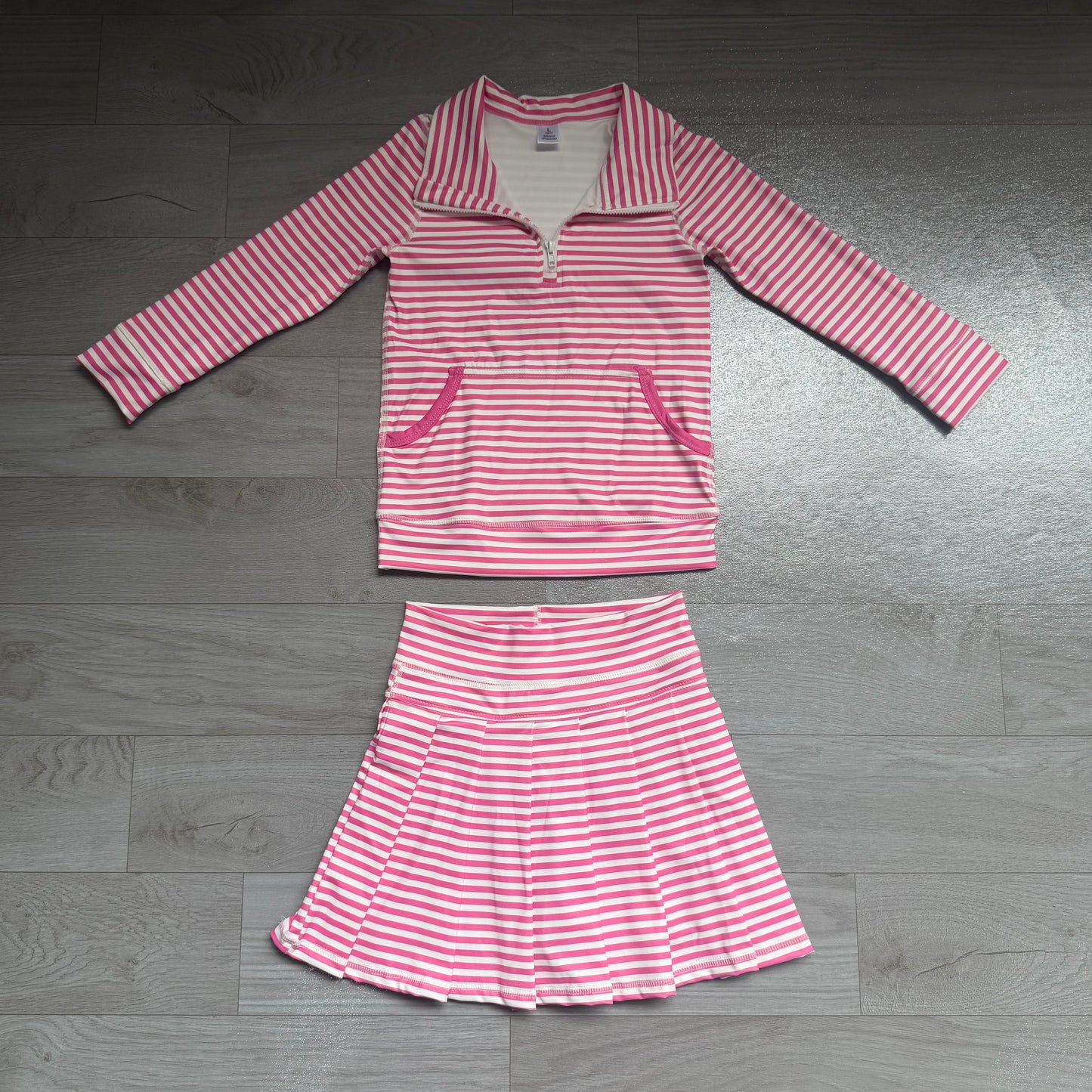 GLD1699(GT1783+GLK0335) Sample No Moq  Yoga Baby Girls Pink White Striped Half Zip Pocket Long Sleeve Top And Skort Yoga Active Clothes Set