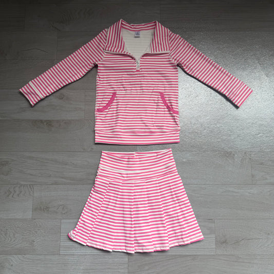 GLD1699(GT1783+GLK0335) Sample No Moq  Yoga Baby Girls Pink White Striped Half Zip Pocket Long Sleeve Top And Skort Yoga Active Clothes Set