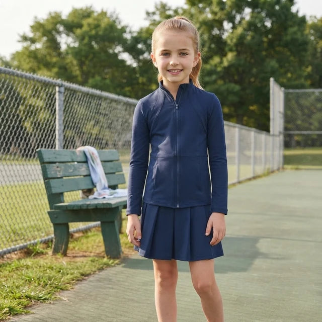 RTS NO MOQ （In stock）yoga fabric cotton GLD1705(GT0677+GLK0122) Toddler Girls Navy Blue Zip Long Sleeve Top Skorts Bottom Pleated Skirts Yoga Set