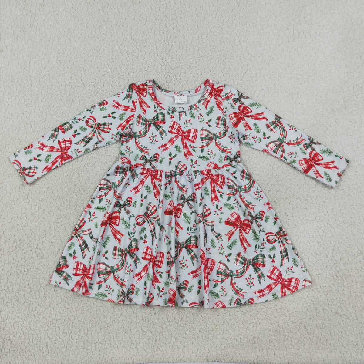 RTS NO MOQ （In stock）milk silk GLD1709 Baby Girls Green Red Checked Bows Flowers Christmas Knee Length Dress