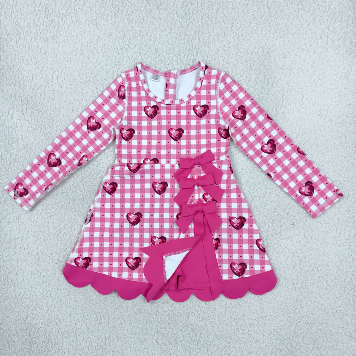RTS NO MOQ （In stock）yoga fabric GLD1750 Yoga Baby Girls Valentines Day Long Sleeve Dress Checked Heart Print Bow Ruffle Hem Yoga Active Dress