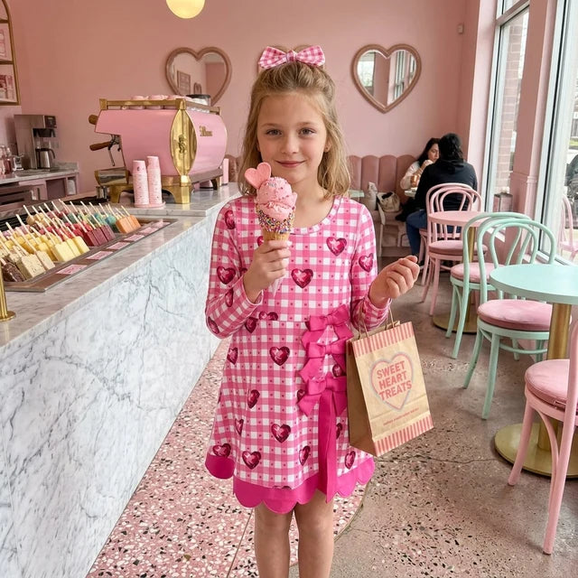RTS NO MOQ （In stock）yoga fabric GLD1750 Yoga Baby Girls Valentines Day Long Sleeve Dress Checked Heart Print Bow Ruffle Hem Yoga Active Dress