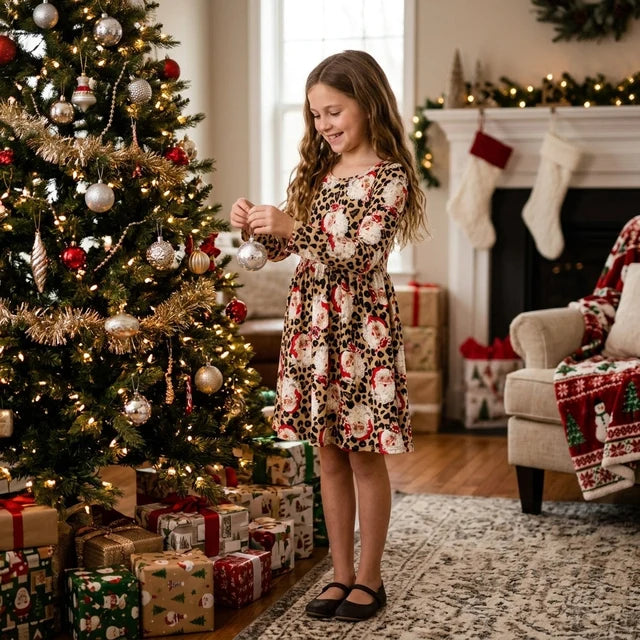 RTS NO MOQ （In stock）milk silk GLD1761 Baby Girls Long Sleeve Leopard Santa Christmas Knee Length Dress