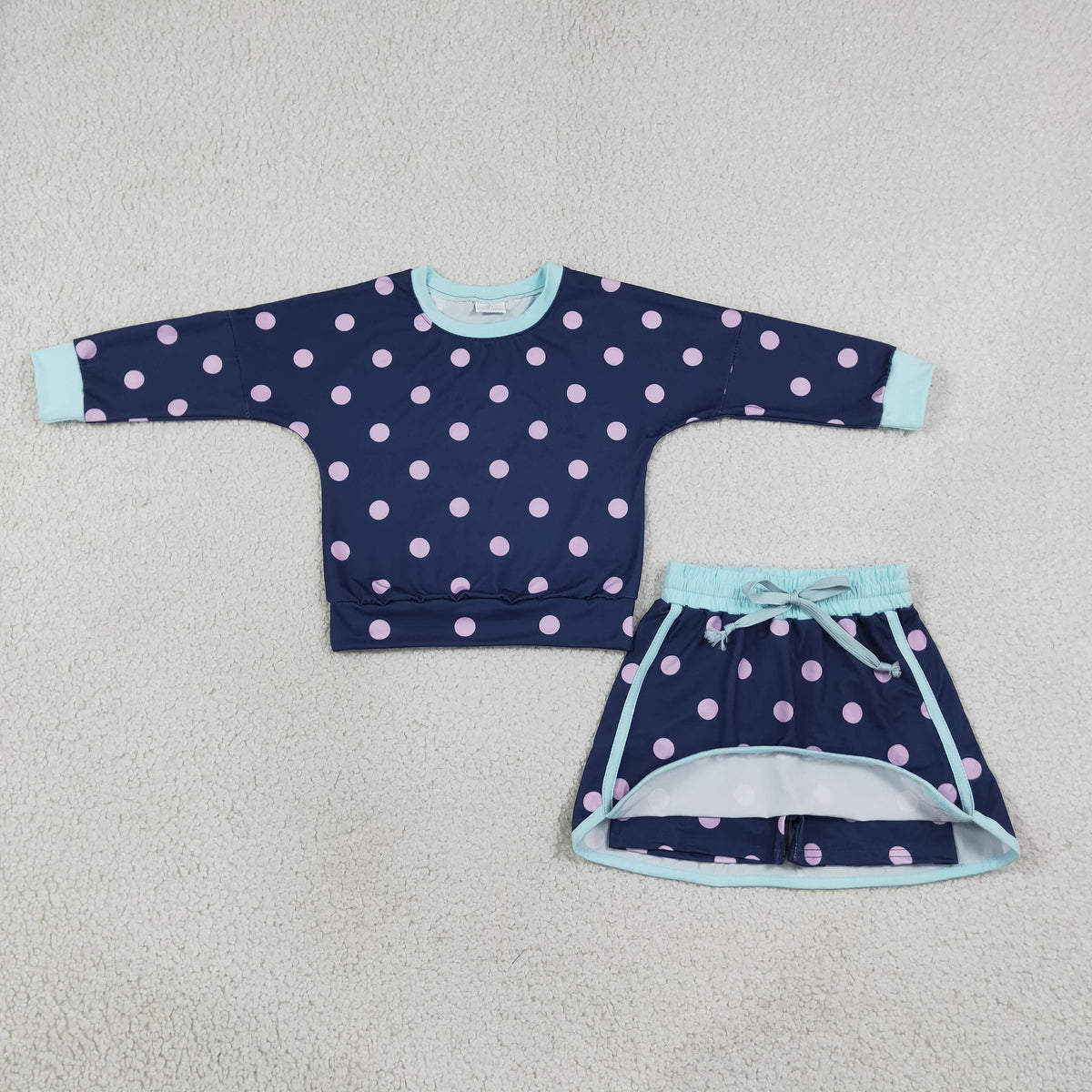 RTS NO MOQ milk silk GLD1762 Baby Girls Navy Pink Polka Dot Long Sleeve Sweatshirt And Drawstring Skort Set