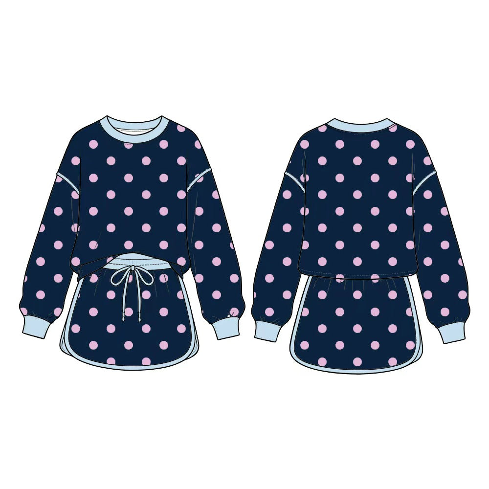 (Preorder new) No moq GLD1762 Baby Girls Navy Pink Polka Dot Long Sleeve Sweatshirt And Drawstring Skort Set
