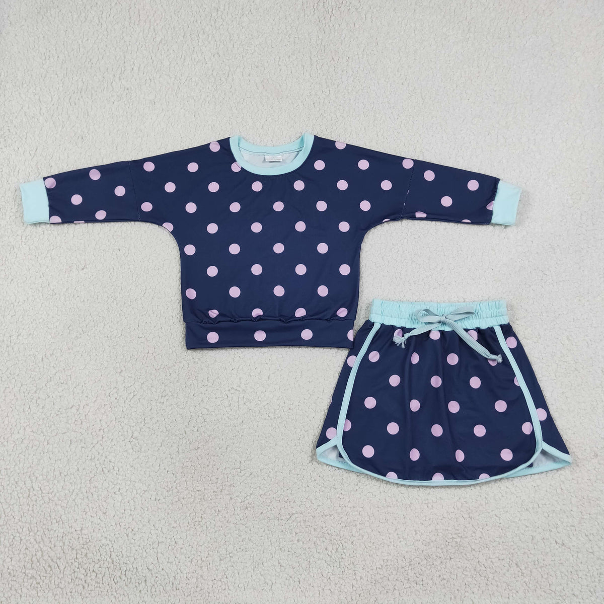 RTS NO MOQ Sibling milk silk Baby Girls Polka Dot Long Sleeve Top Drawstring Skirt Short Set
