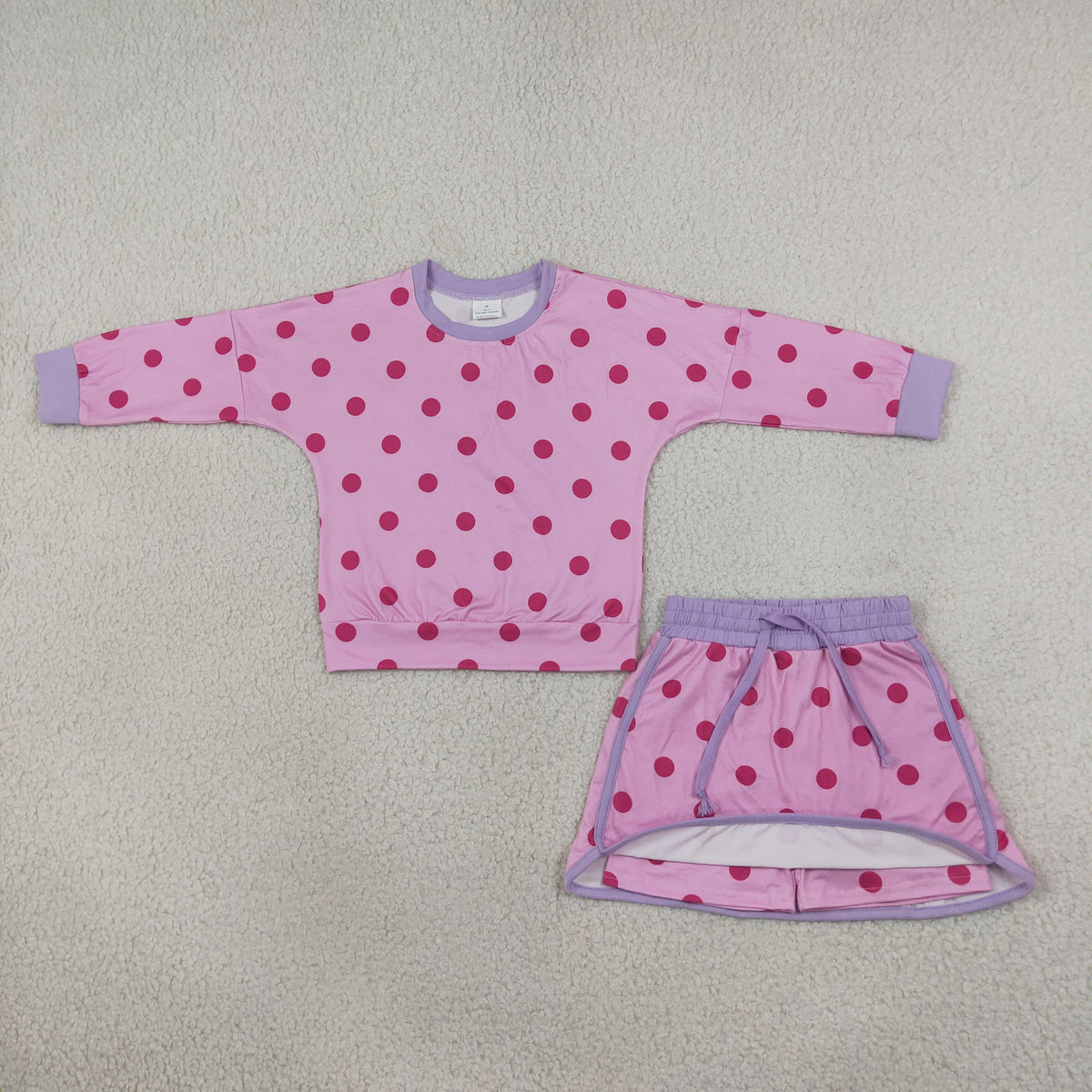 RTS NO MOQ （In stock）milk silk GLD1763 Baby Girls Pink Lavender Polka Dots Long Sleeve Top Skirt Short Clothes Set