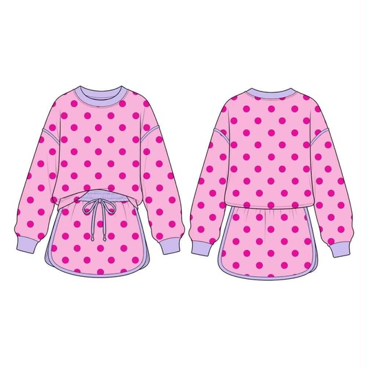 (Preorder new) No moq GLD1763 Baby Girls Pink Polka Dot Long Sleeve Sweatshirt And Drawstring Skort Set