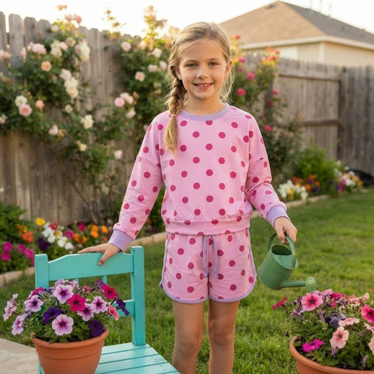 RTS NO MOQ （In stock）milk silk GLD1763 Baby Girls Pink Lavender Polka Dots Long Sleeve Top Skirt Short Clothes Set