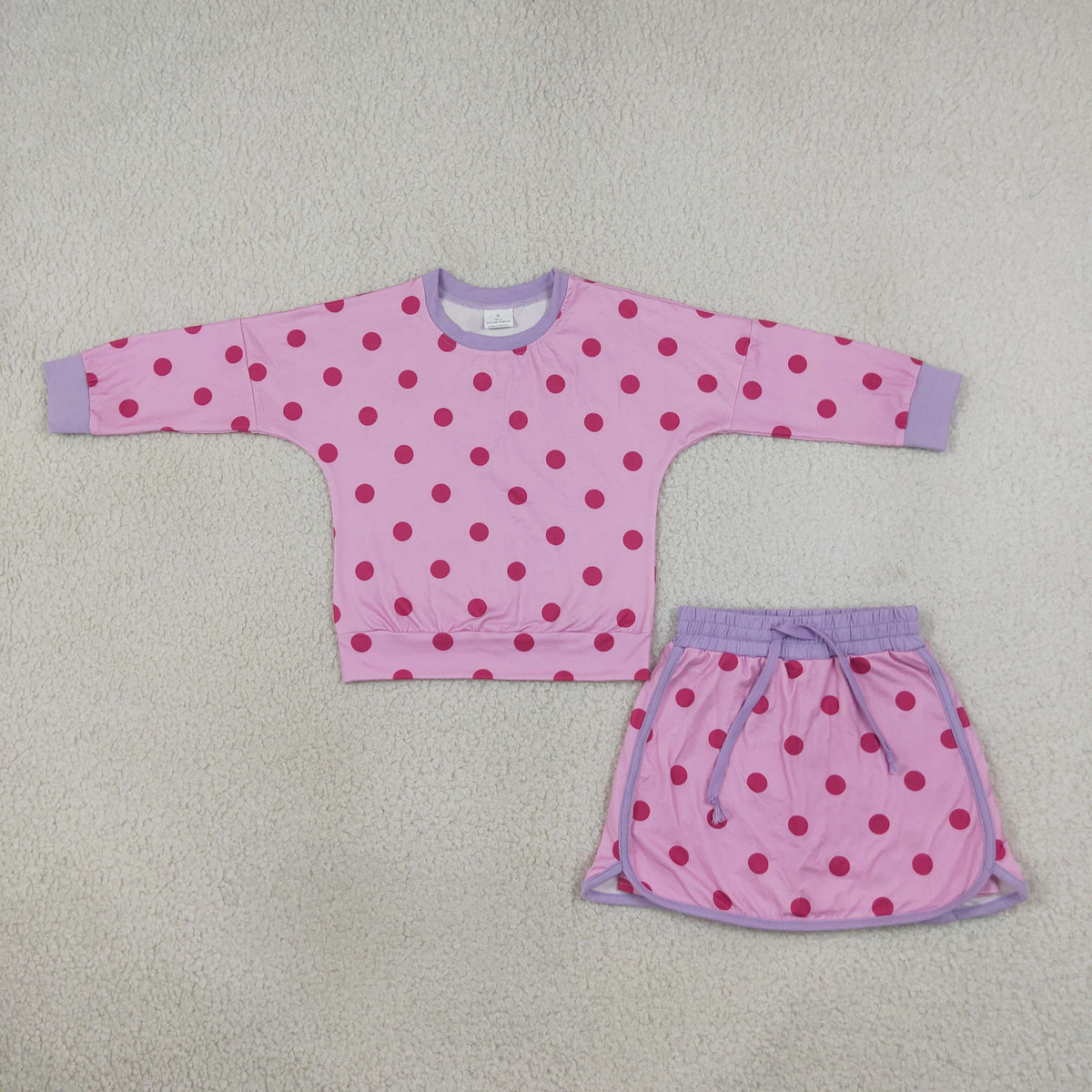 RTS NO MOQ Sibling milk silk Baby Girls Polka Dot Long Sleeve Top Drawstring Skirt Short Set
