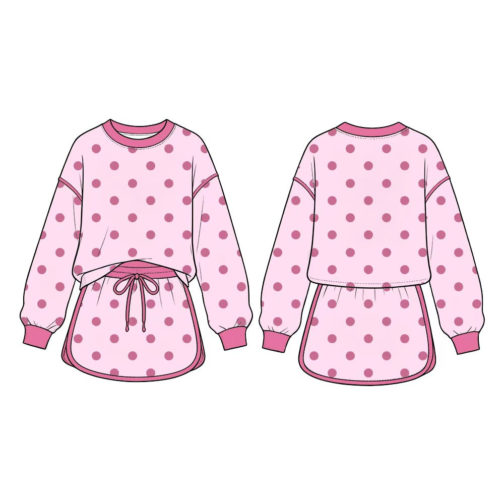 (Preorder new) No moq GLD1765 Baby Girls Pink Polka Dot Long Sleeve Sweatshirt And Drawstring Skort Clothes Sets
