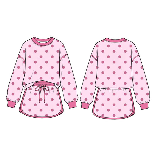 (Preorder new) No moq GLD1765 Baby Girls Pink Polka Dot Long Sleeve Sweatshirt And Drawstring Skort Clothes Sets