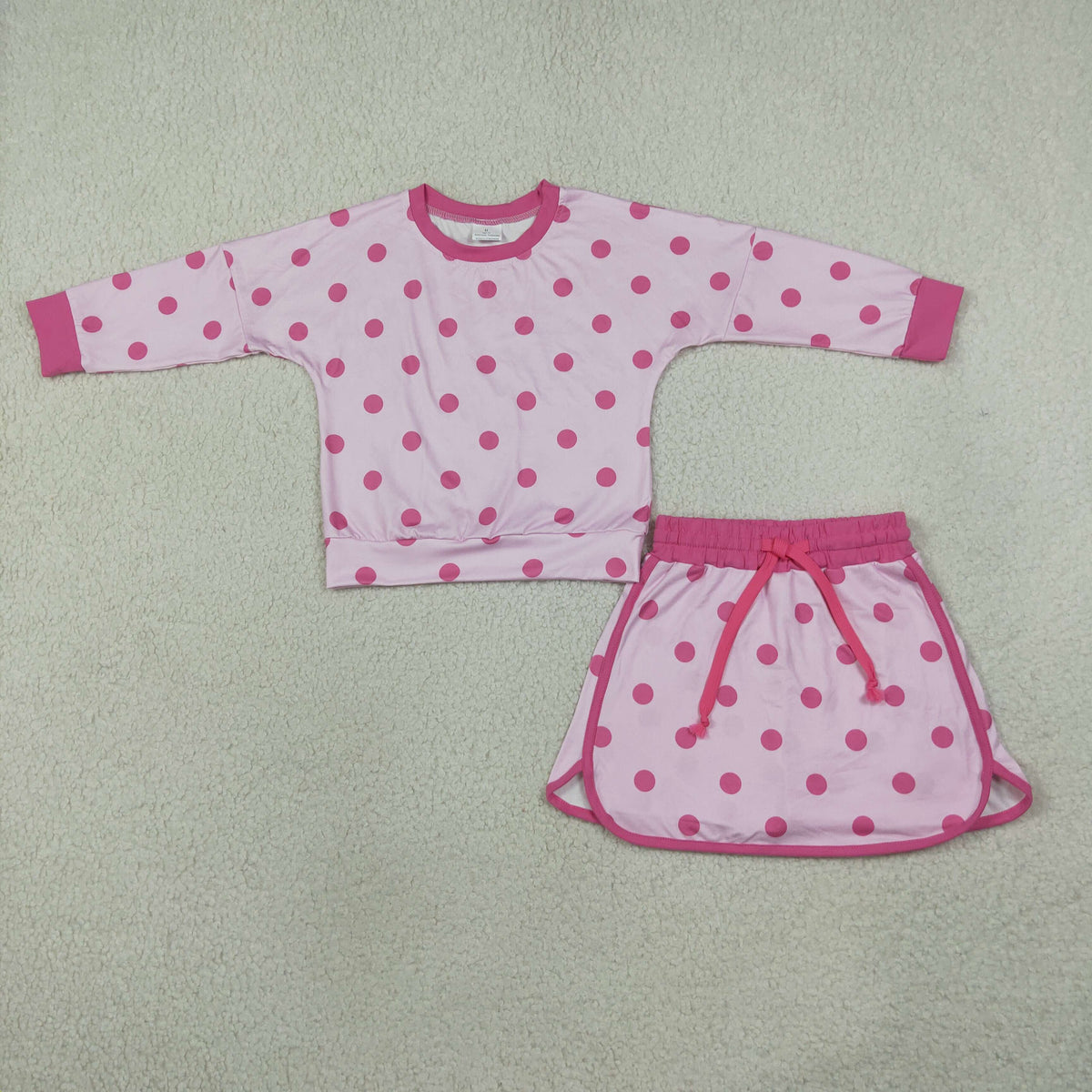 RTS NO MOQ （In stock）milk silk GLD1765 Baby Girls Pink Polka Dot Long Sleeve Sweatshirt And Drawstring Skort Clothes Sets