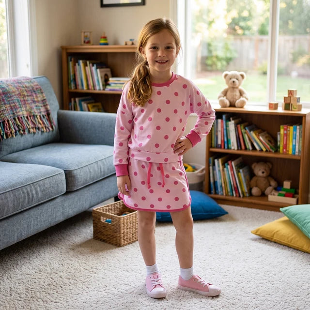 RTS NO MOQ （In stock）milk silk GLD1765 Baby Girls Pink Polka Dot Long Sleeve Sweatshirt And Drawstring Skort Clothes Sets