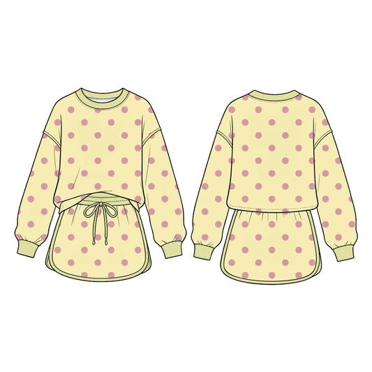 (Preorder new) No moq GLD1766 Baby Girls Yellow Polka Dot Long Sleeve Sweatshirt And Drawstring Skort Set
