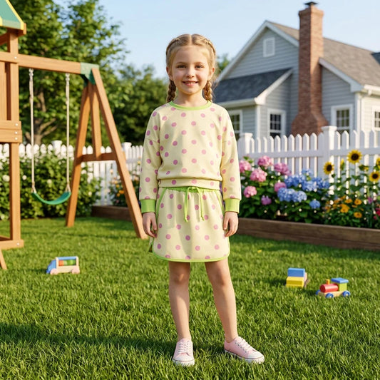 RTS NO MOQ （In stock）milk silk GLD1766 Baby Girls Yellow Polka Dot Long Sleeve Sweatshirt And Drawstring Skort Set
