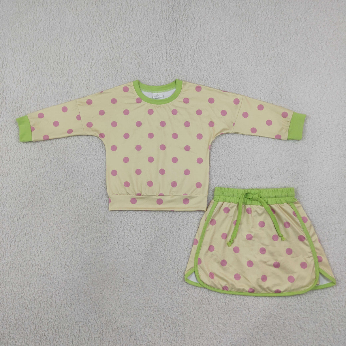 RTS NO MOQ （In stock）milk silk GLD1766 Baby Girls Yellow Polka Dot Long Sleeve Sweatshirt And Drawstring Skort Set