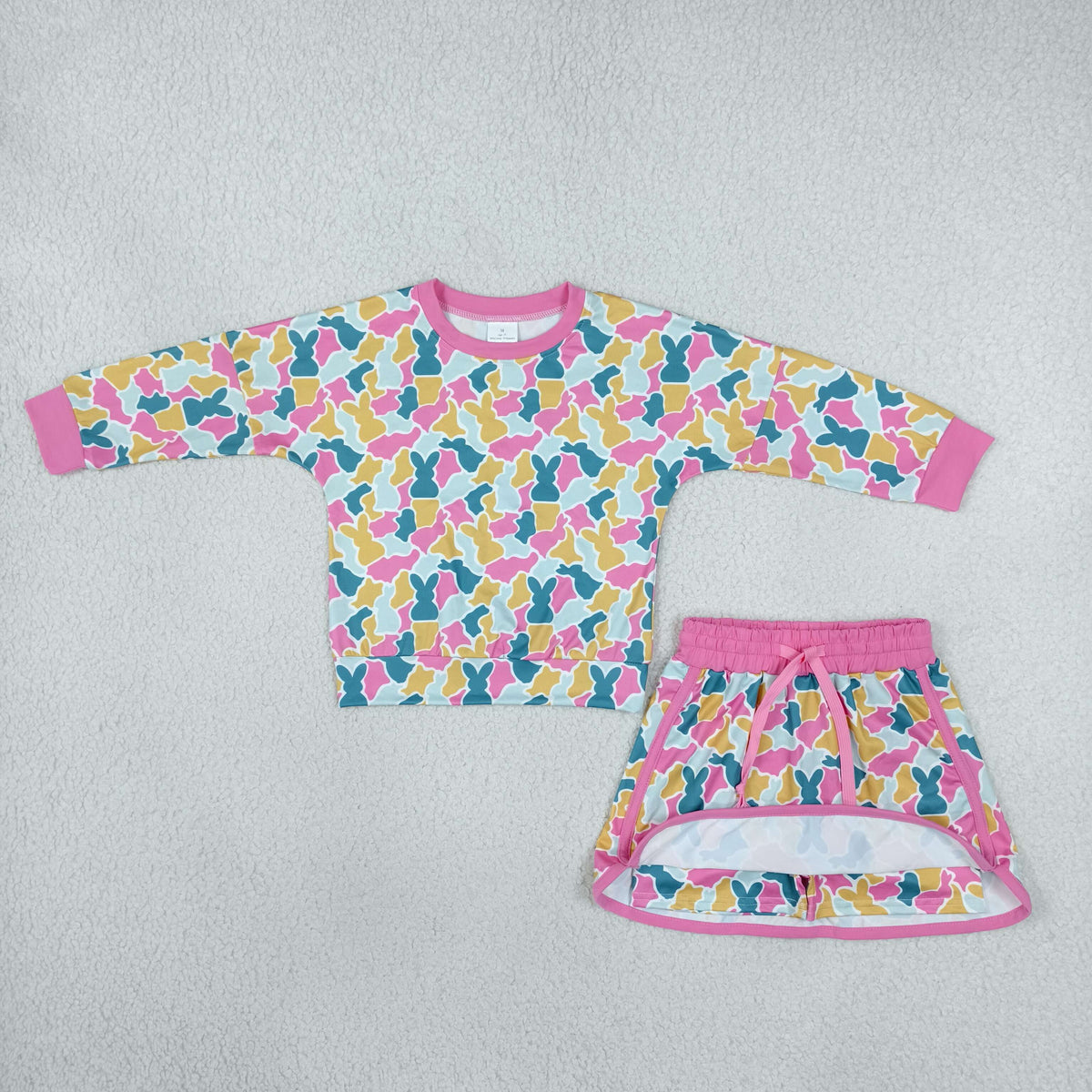 RTS NO MOQ （In stock）milk silk GLD1825 Baby Girls Rabbits Camo Print Long Sleeve Top Short Skirt Casual Easter Outfit Set