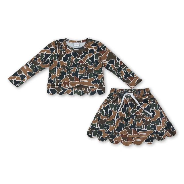 RTS NO MOQ Sibling milk silk Baby Girls Long Sleeve Camo Top Skirt Short Scallop Outfit