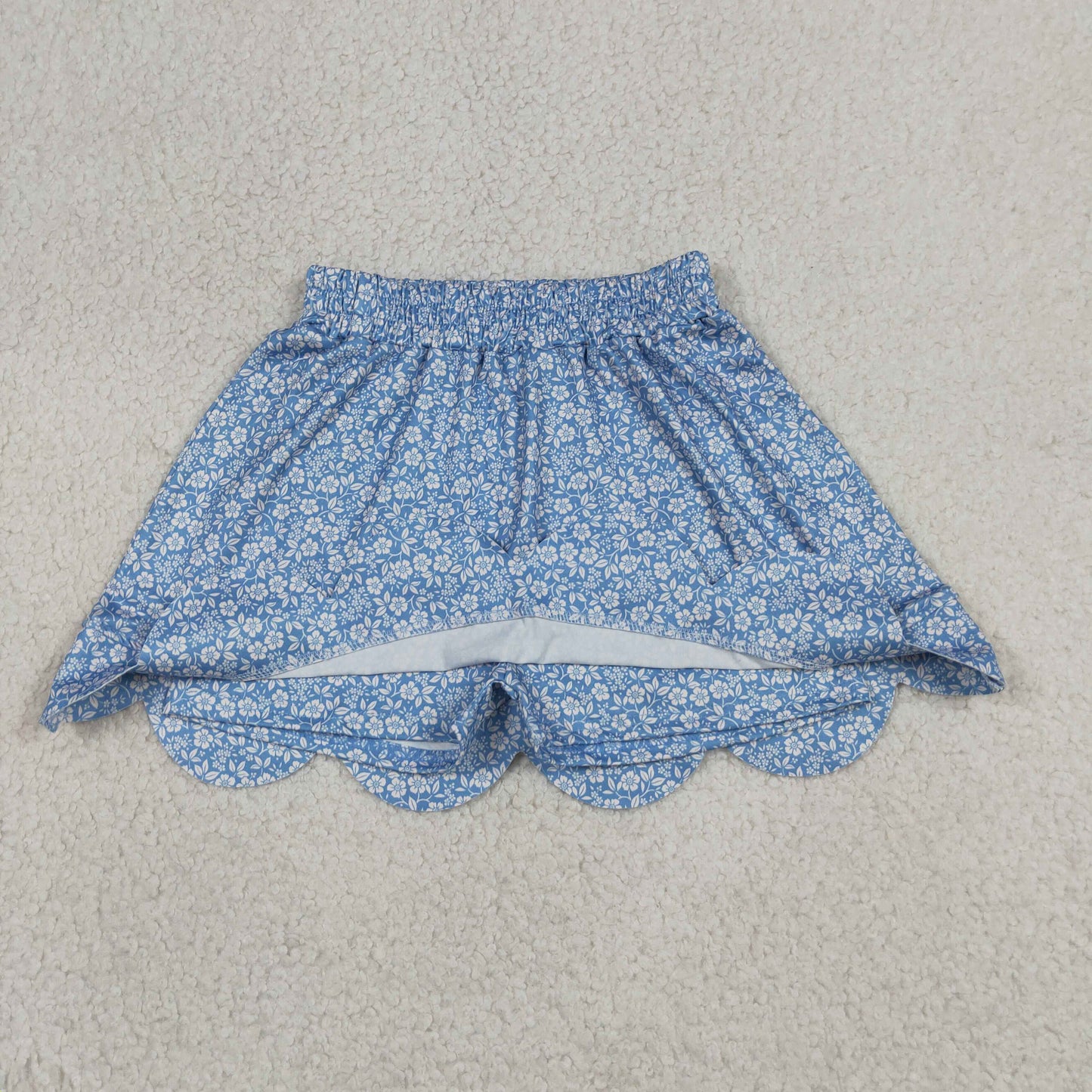 GLK0239 RTS NO MOQ （In stock）Blue floral elastic waist scallop kids girls skirts