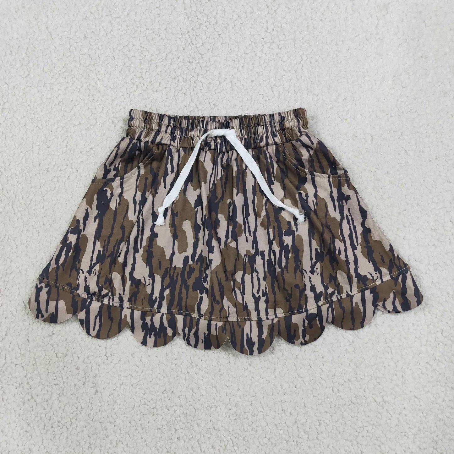 GLK0298 RTS NO MOQ （In stock）Olive camo pocket scallop kids girls skirt