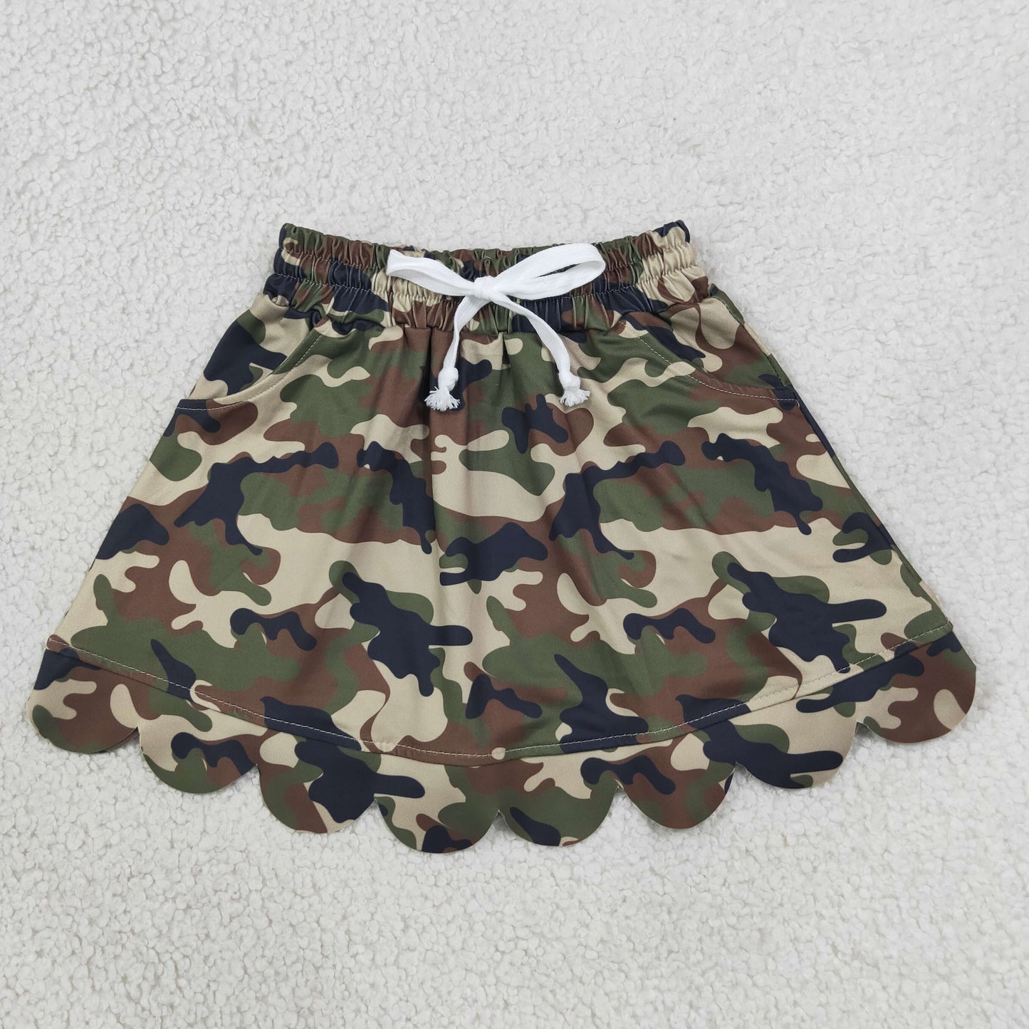 GLK0303 RTS NO MOQ （In stock）yoga fabric cotton GLK0303 Baby Girls Southern Green Camo Scallop Pockets Skirt Shorts Bottom
