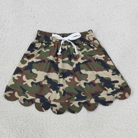 GLK0303 RTS NO MOQ （In stock）yoga fabric cotton GLK0303 Baby Girls Southern Green Camo Scallop Pockets Skirt Shorts Bottom