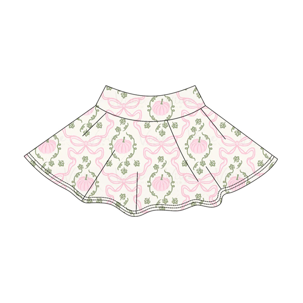 5.15 Pre order No Moq Baby Girls Pumpkin Bow Printed Halloween Long Sleeve Top Short Skirt Active Wear Set