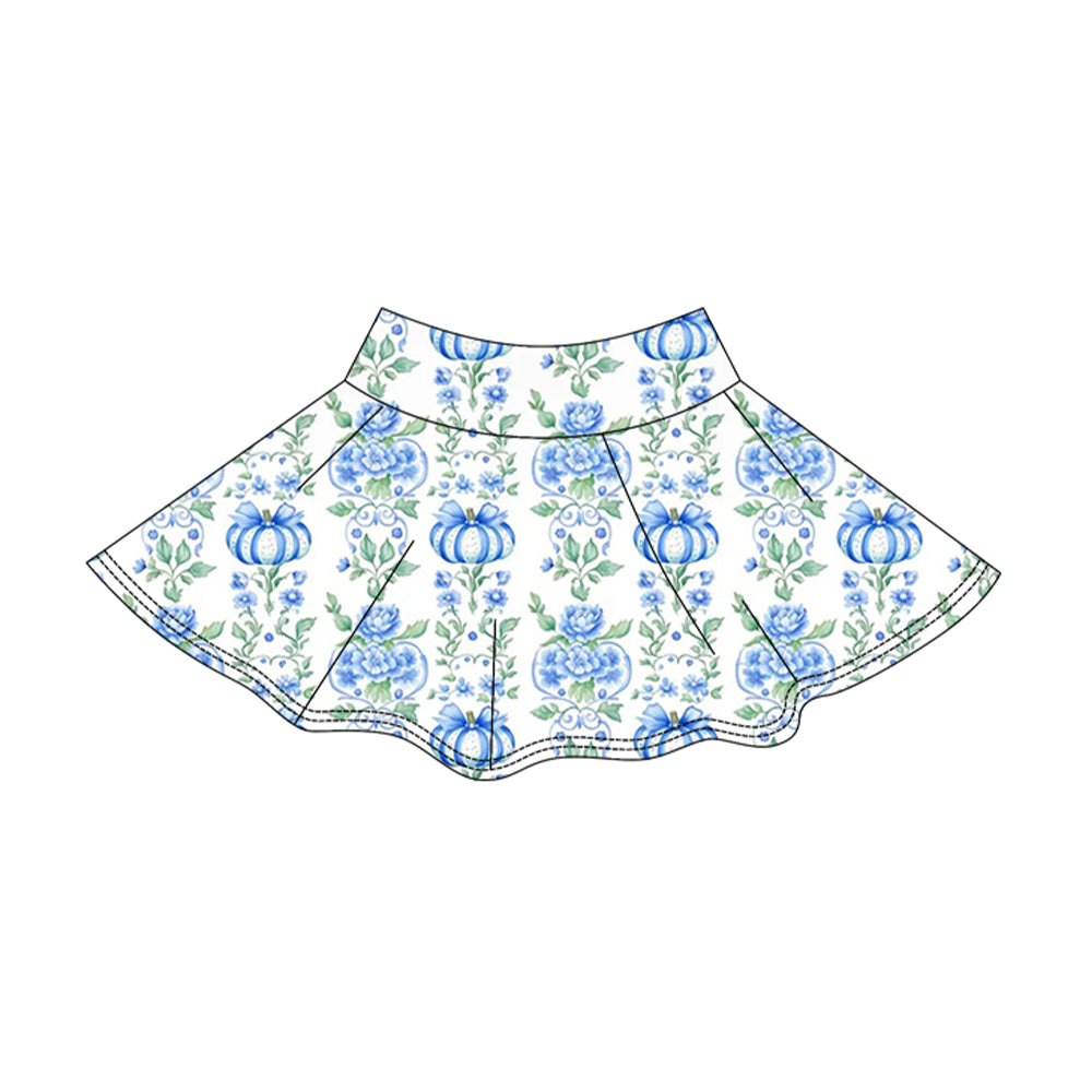 5.15 Pre order No Moq Baby Girls Pumpkin Bow Printed Halloween Long Sleeve Top Short Skirt Active Wear Set