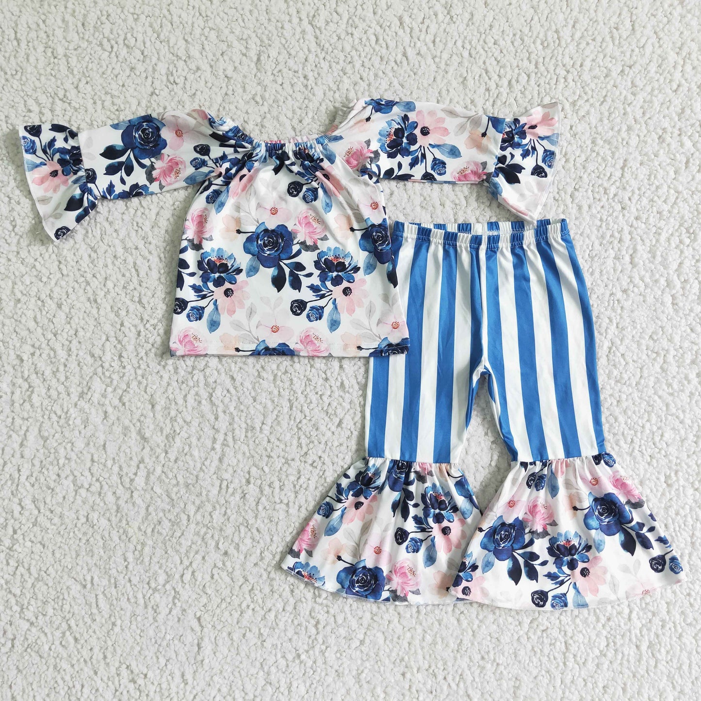 12.27 GLP0004 RTS No Moq Clearance Baby Girls navy floral off shoulder top bell pants outfits sets