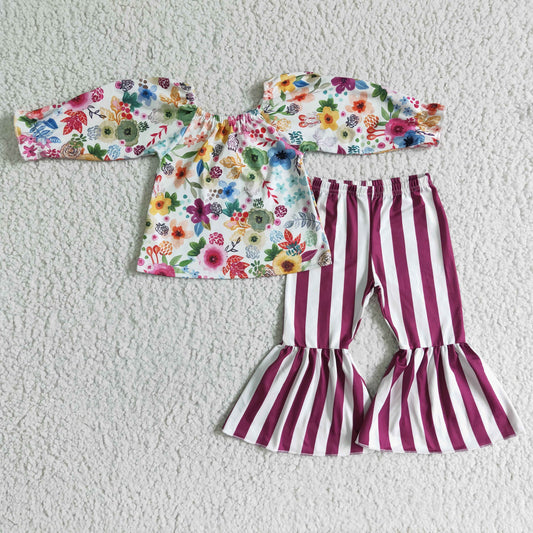 12.13 GLP0013 RTS No Moq Clearance Baby Girls maroon floral stripe bell pants clothing sets